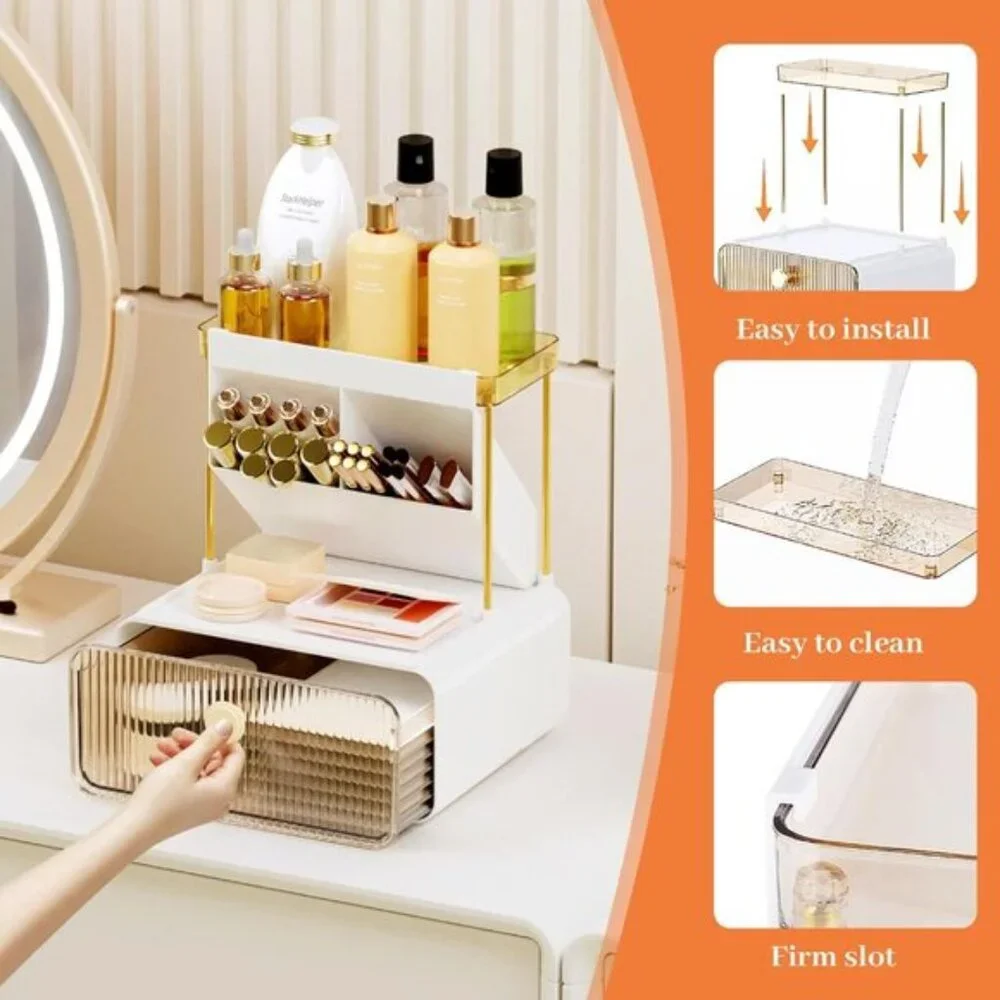 2-Tier 1-Drawer Makeup Organizer, Multi-Purpose Room Counter Storage, Amber